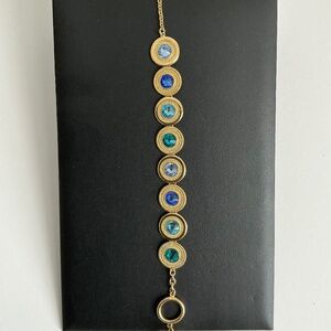 Shades of Blue Rhinestone Gold Tone Circle Bracelet Large Size Sparkly